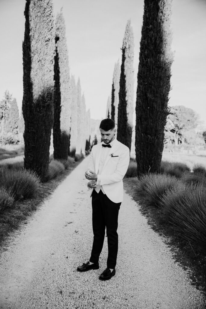 marié en costume blanc, au milieu des cyprès et du champs de lavandes, à Orgon dans les Alpilles en Provence